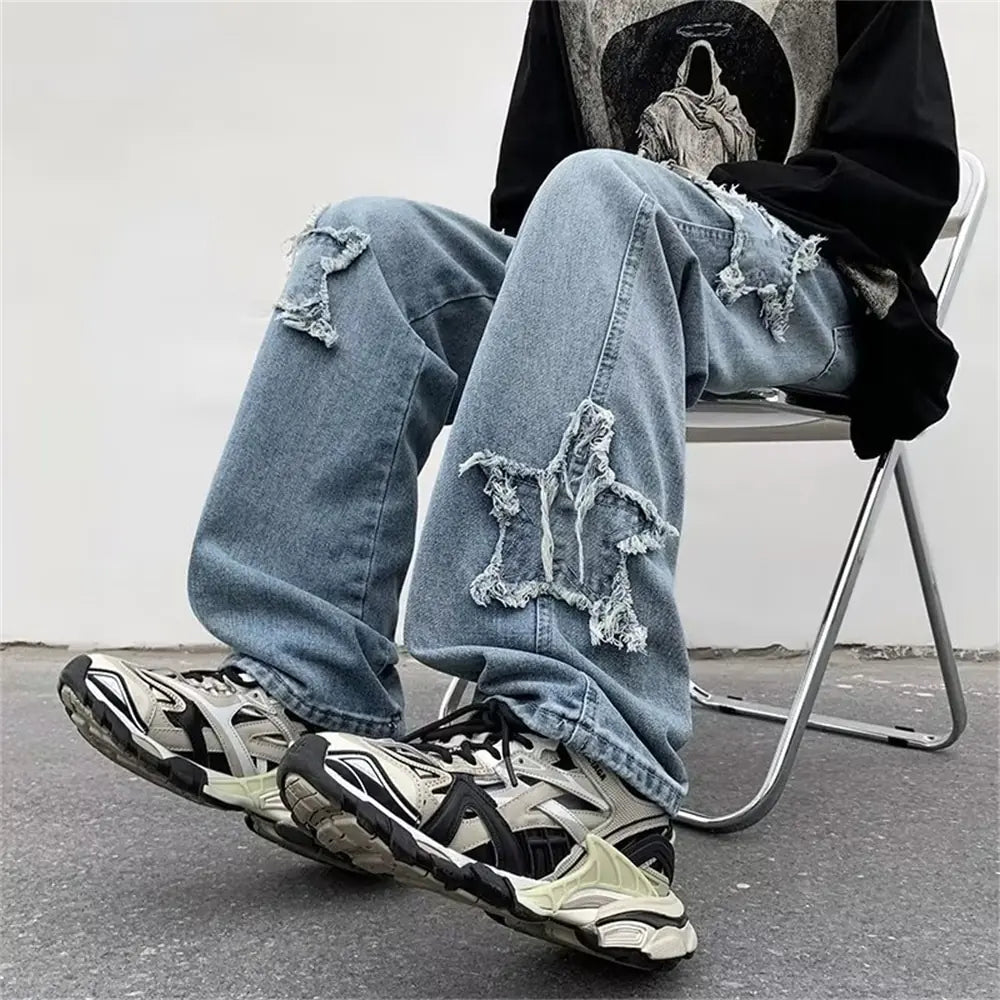 2022 New Fashion Stars Towel Embroidery Brown Baggy Men Jeans Pants