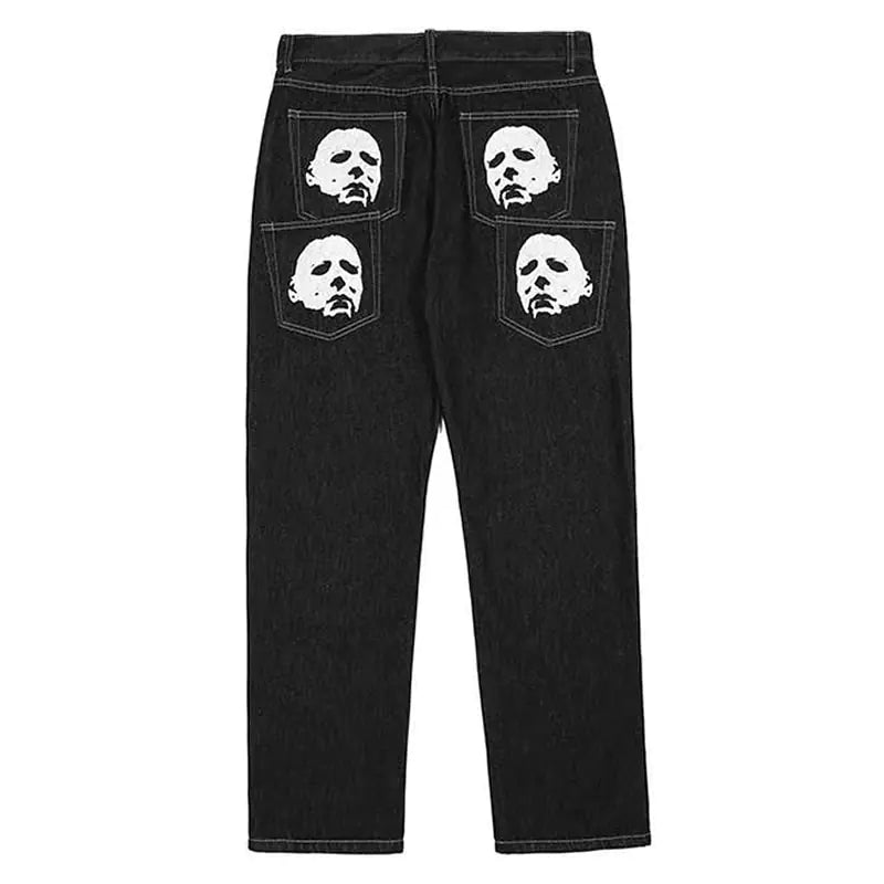 Y2K Korean Men Fashion Black Streetwear Casual Skull Straight